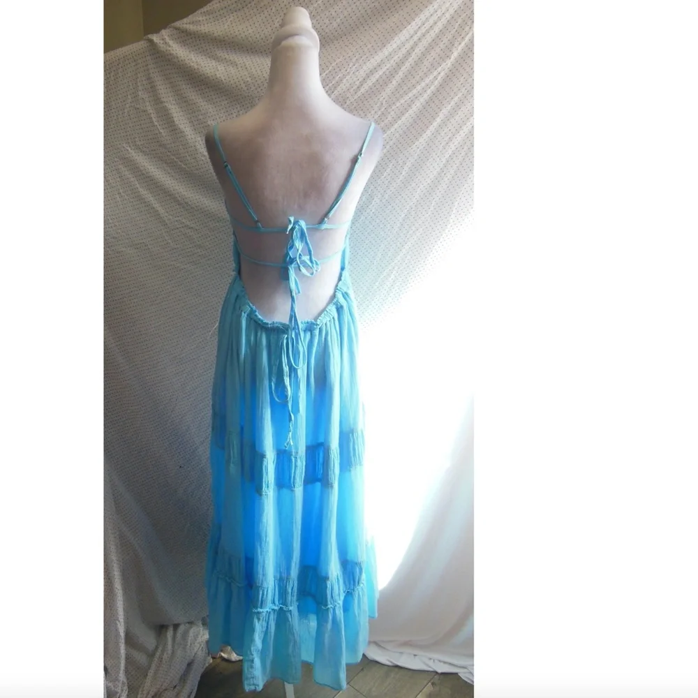 NEW FREE PEOPLE Turquoise AQUA Taking Sides TIERED Cotton OPEN BACK Maxi DRESS L - Picture 11 of 16